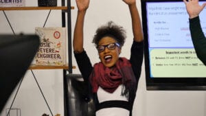 A teacher shows her enthusiasm during an online school session for WCNY!